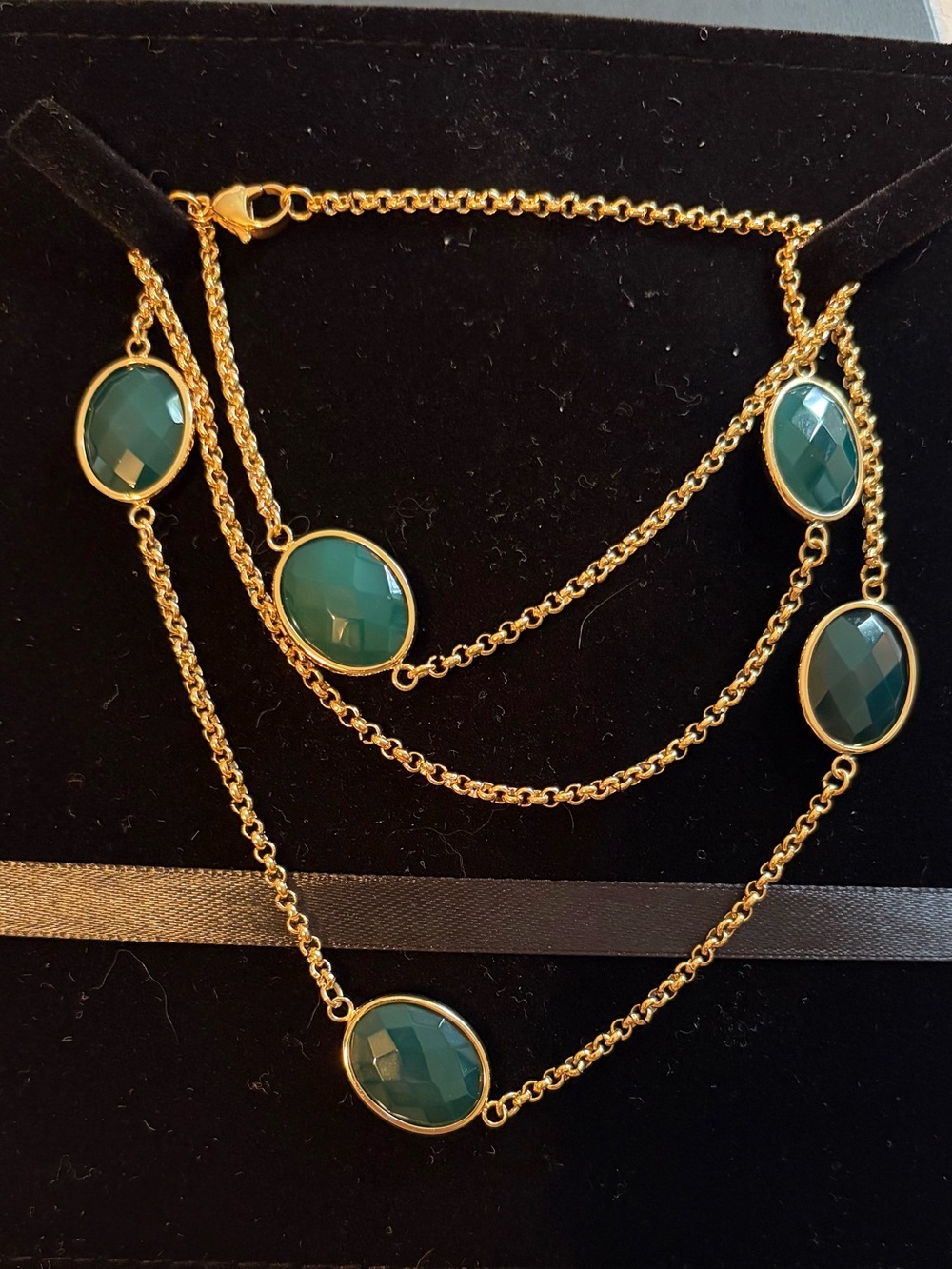 Gold Multi-Strand Necklace with Green Faceted Stones